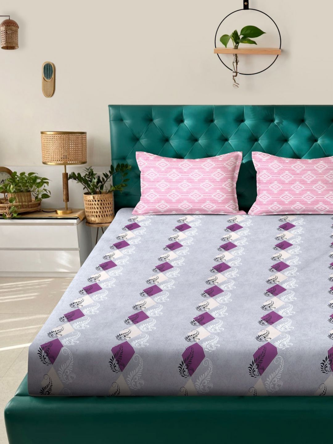 Myntra Elegant Homes Purple Geometric Pure Cotton 400 TC Set Cadar Dilengkapi-2.5mX2.25m