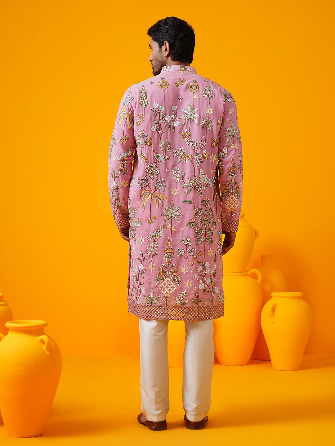 SOJANYA LUXE Floral Embroidered Mandarin Collar Georgette Straight Kurta With Trouser