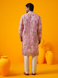 SOJANYA LUXE Floral Embroidered Mandarin Collar Georgette Straight Kurta With Trouser