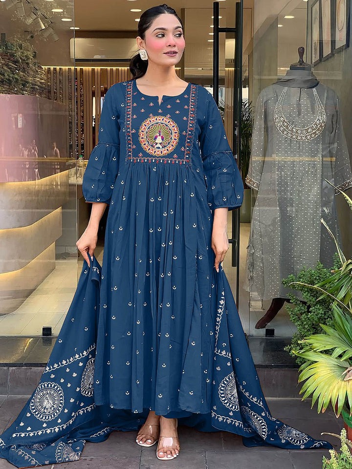 KALINI Floral Embroidered Pleated Mirror Work Anarkali Kurta With Trousers & Dupatta