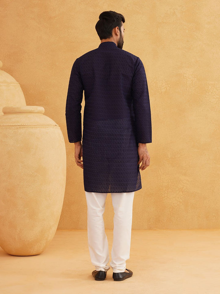 SOJANYA Ethnic Motifs Chikankari Band Collar Pure Cotton Straight Long Kurta