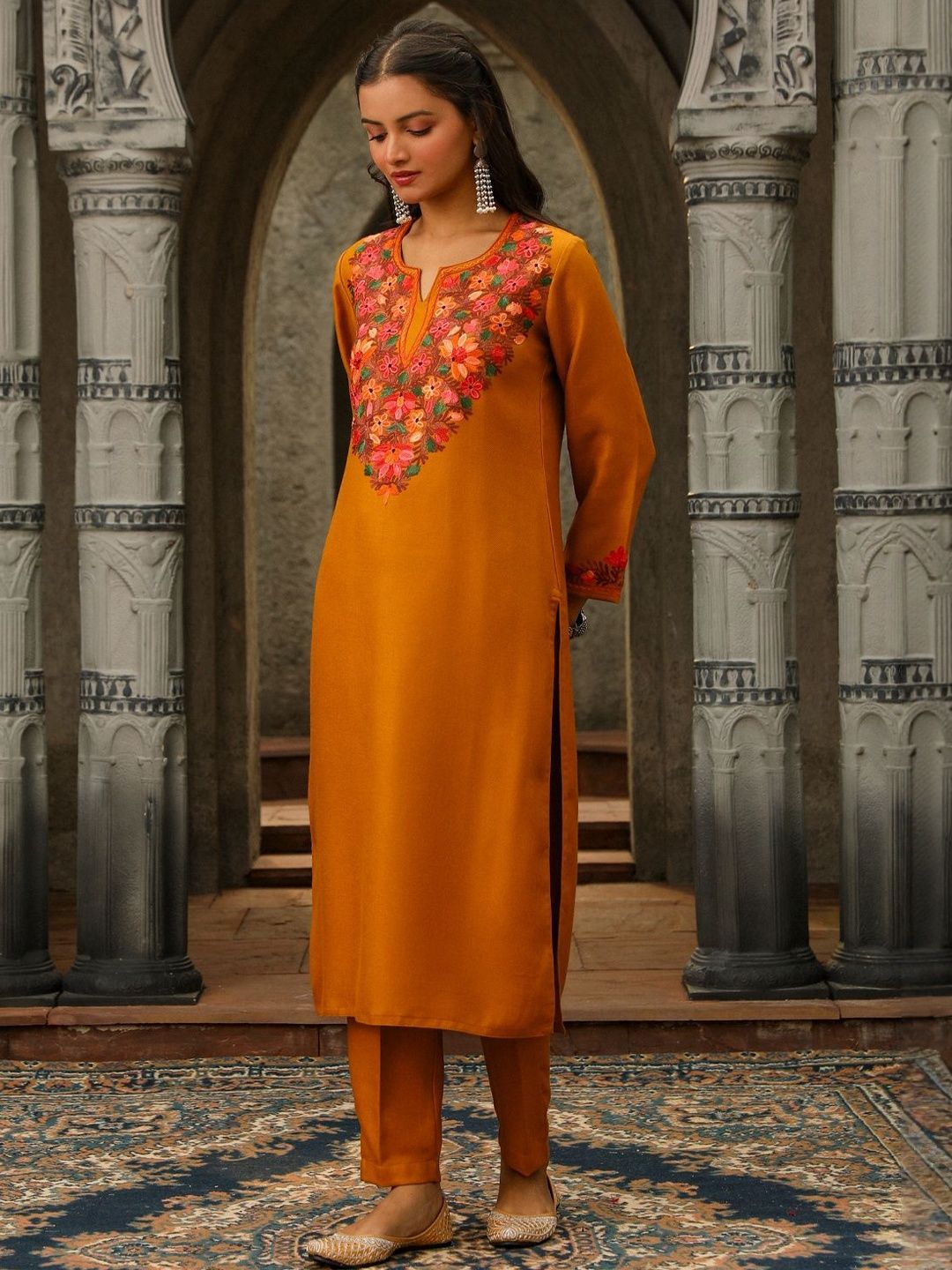 House of Chikankari Women Mustard Yellow Woolen Aari Sulam Set Kurta