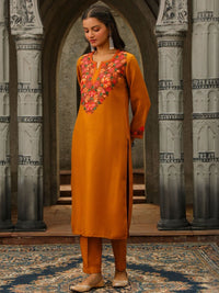 House of Chikankari Women Mustard Yellow Woollen Aari Embroidered Kurta Set