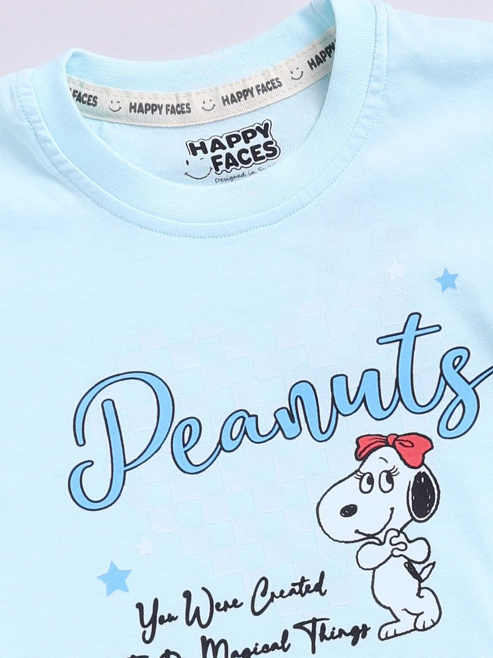 Happy Faces Girls Pure Cotton Peanuts Printed T-shirt with Joggers