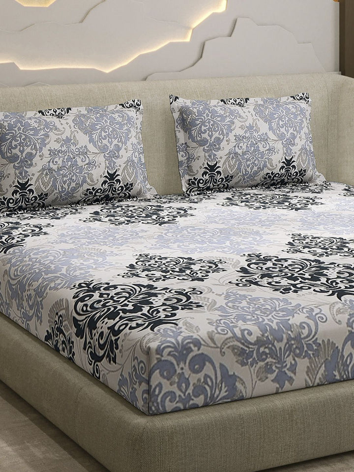 Monte Carlo Grey & White Printed Cotton 104 TC Queen Bedsheet Set 2.24 m x 2.54 m