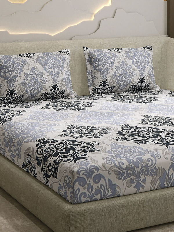 Monte Carlo Grey & White Printed Cotton 104 TC Queen Bedsheet Set 2.24 m x 2.54 m