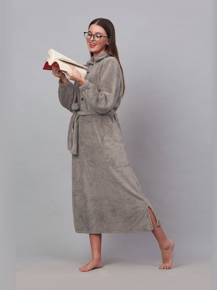 KLOTTHE Beige Woollen Long Sleeves Bath Robe With Belt