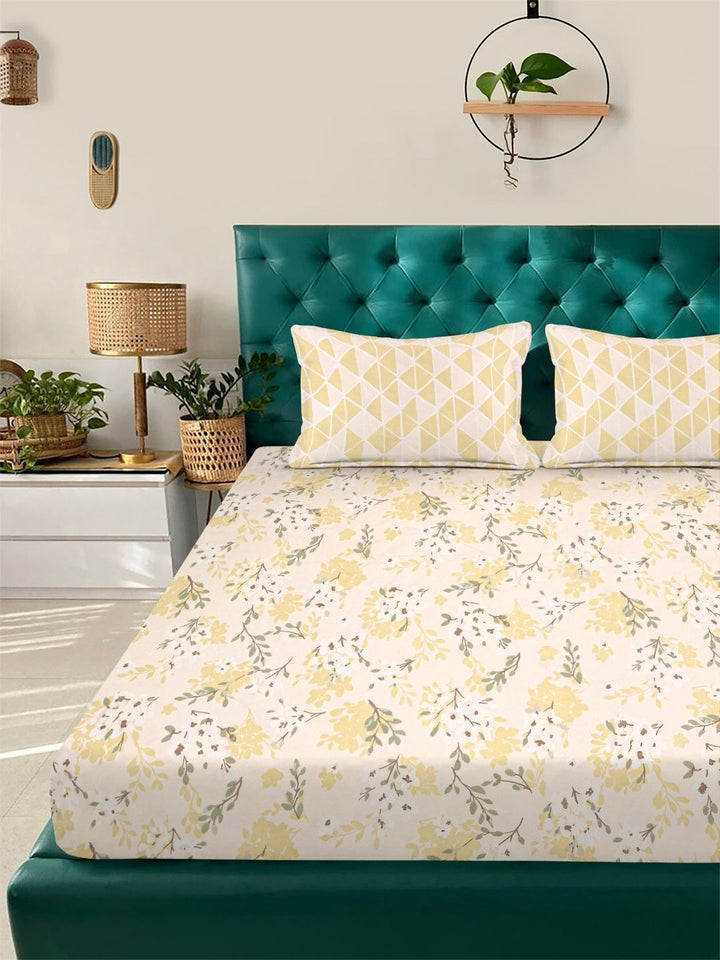 Myntra Elegant Homes Yellow Floral 300 TC King Cadar dengan 2 Sarung Bantal