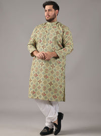 SOJANYA PLUS Size Ethnic Motifs Printed Band Collar Cotton Linen Straight Kurta