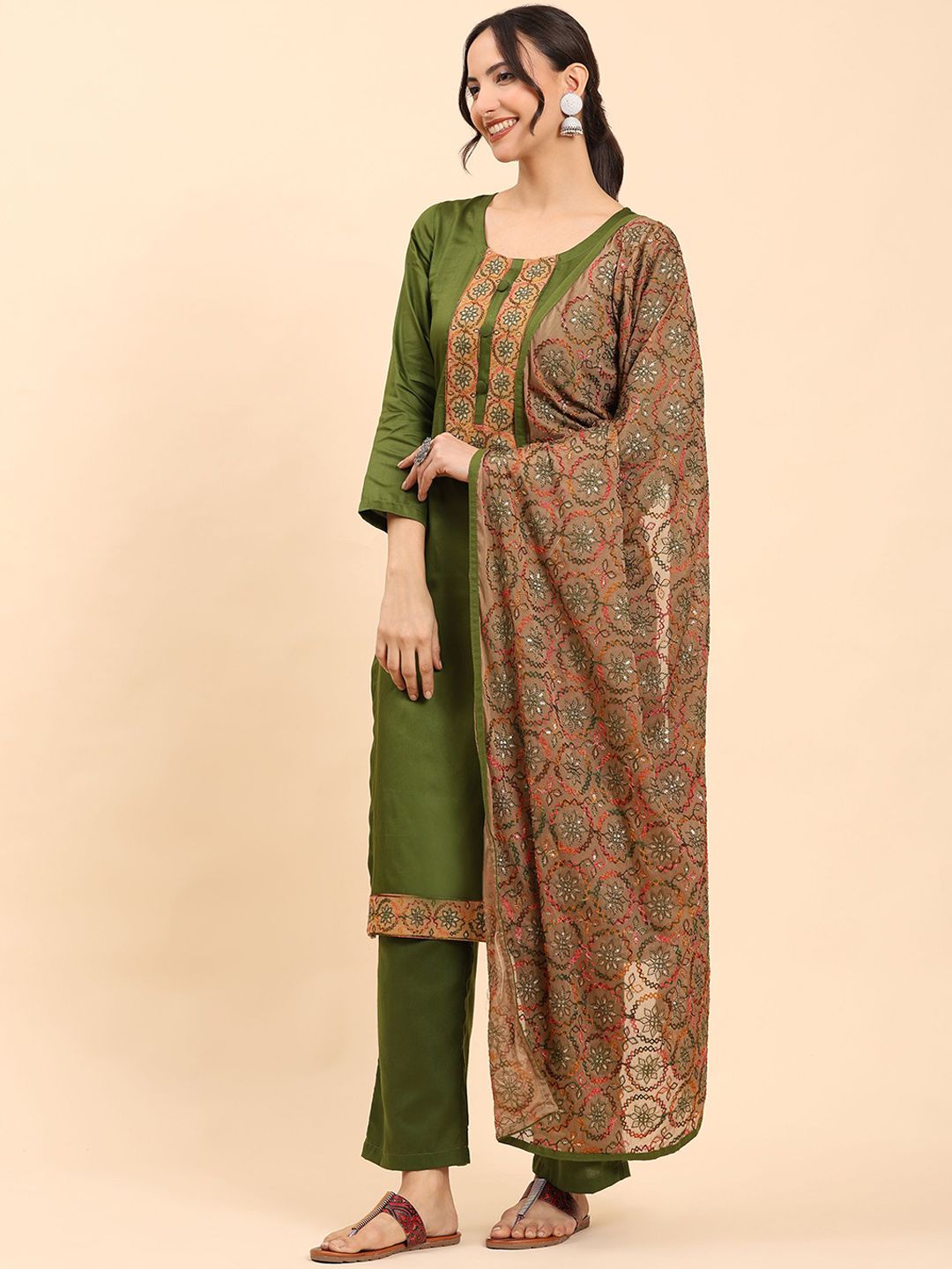 Mamicha Women Ethnic Motifs Embroidered Regular Sequinned Pure Cotton Kurta with Palazzos & With Dupatta
