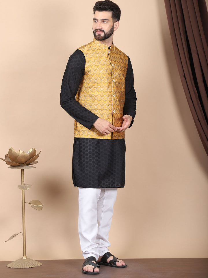 Anouk Black Floral Embroidered Thread Work Pure Cotton Kurta with Churidar & Nehru Jacket