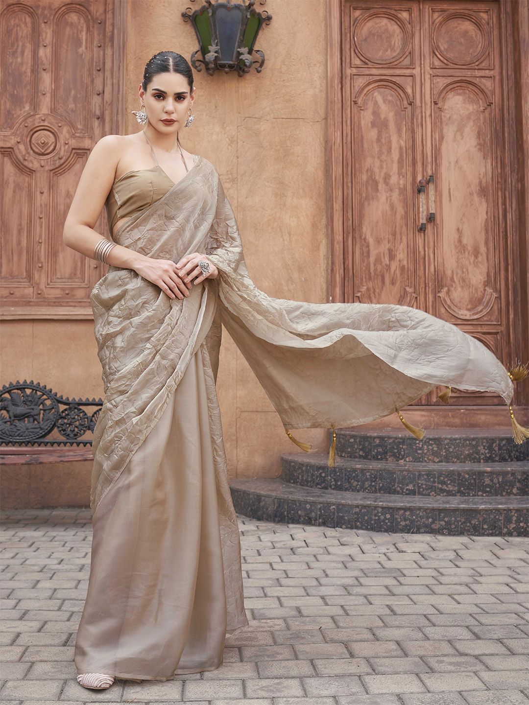 Tikhi Imli Crushed Pallu Half and Half Organza Saree
