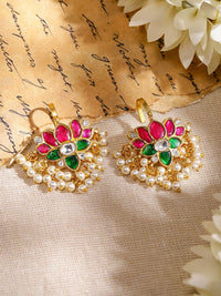 Rubans 22K Gold-Plated Ruby, Emerald & White Kundan Lotus Design Ear Cuff