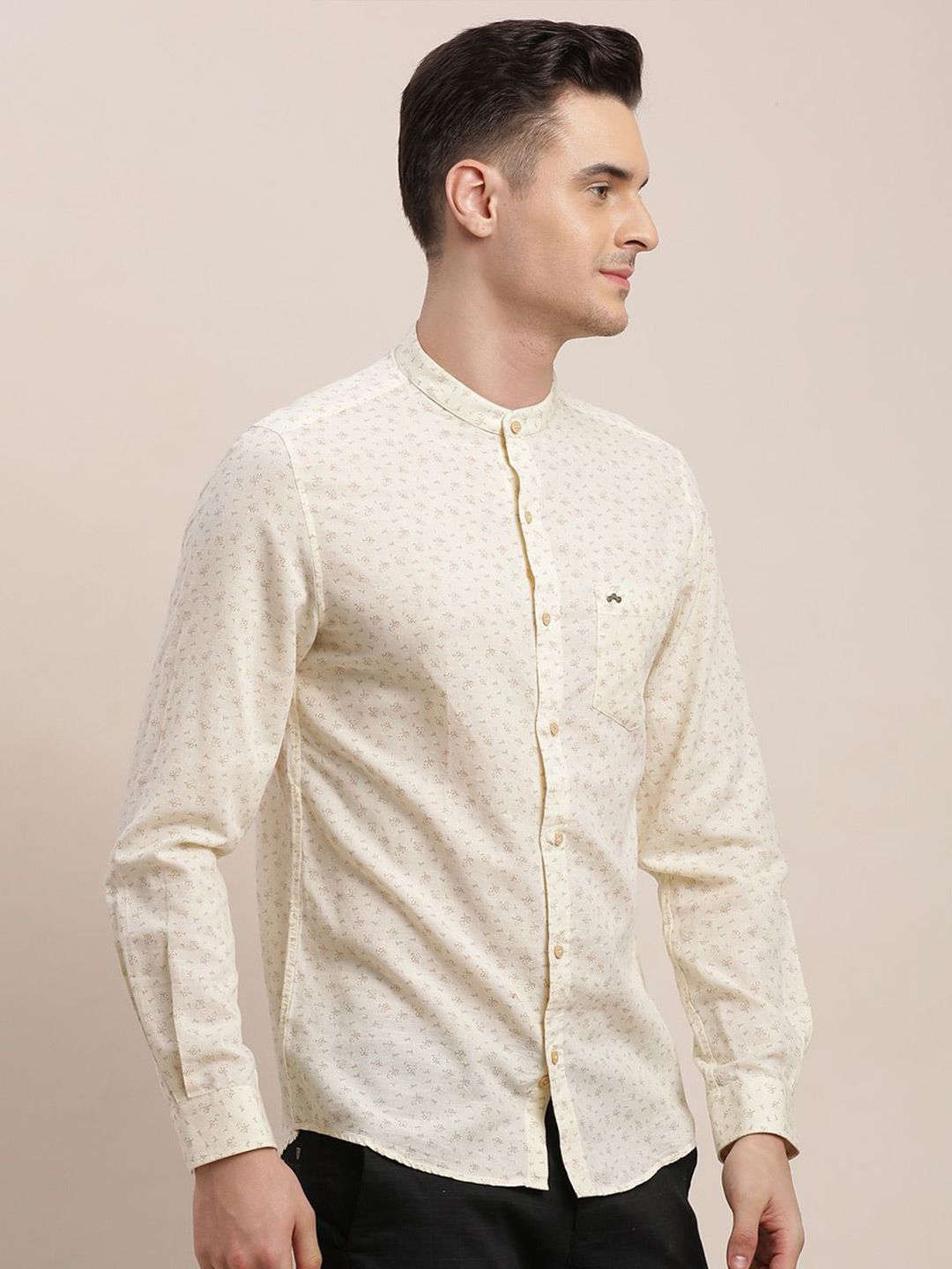 Turtle Men Relaxed Mandarin Collar Micro Ditsy Printed Cotton Linen Slim Fit Casual Shirt