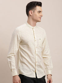 Turtle Men Relaxed Mandarin Collar Micro Ditsy Printed Cotton Linen Slim Fit Casual Shirt