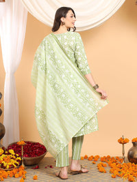 Mamicha Women Ethnic Motifs Printed Regular Thread Work Pure Cotton Kurta with Trousers & With Dupatta