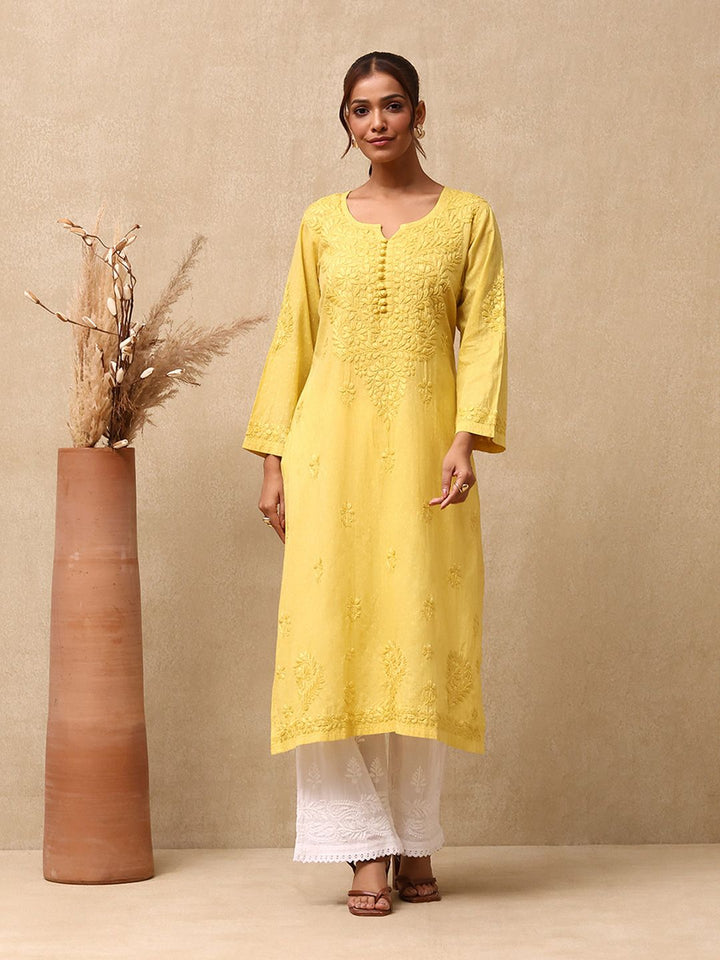 Rumah Wanita Chikankari Cotton Kuning Chikankari Sulam Kurta