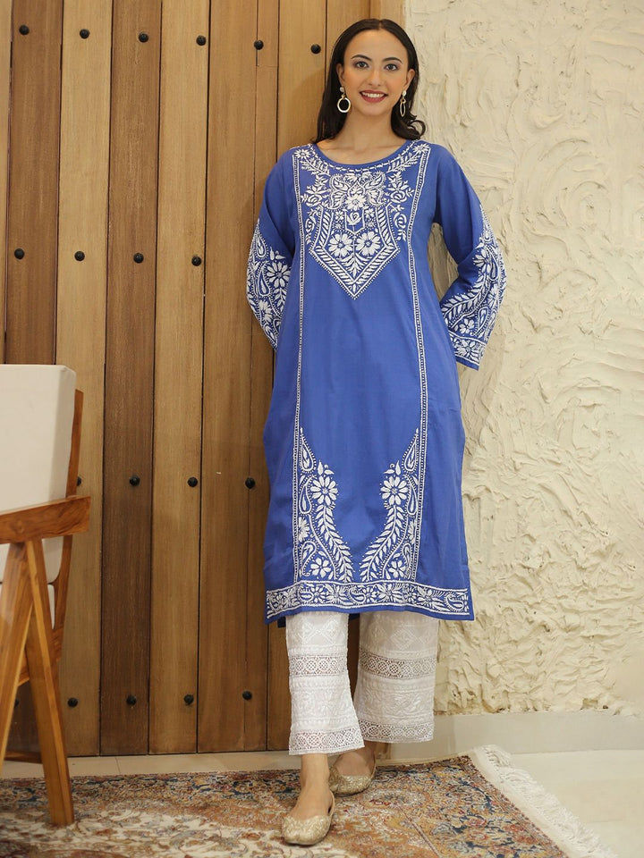 HOUSE OF KARI Floral Embroidered Chikankari Flared Sleeves Straight Kurta