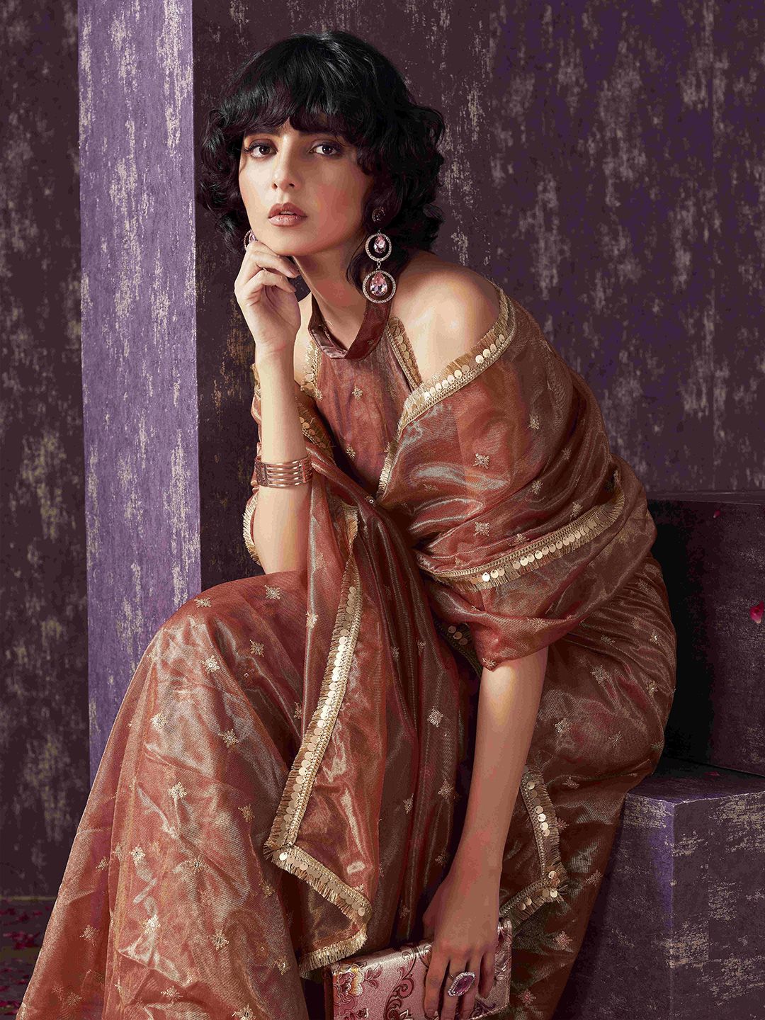 Tikhi Imli Embellished Sequinned  shimmer net saree with sequence embroidery