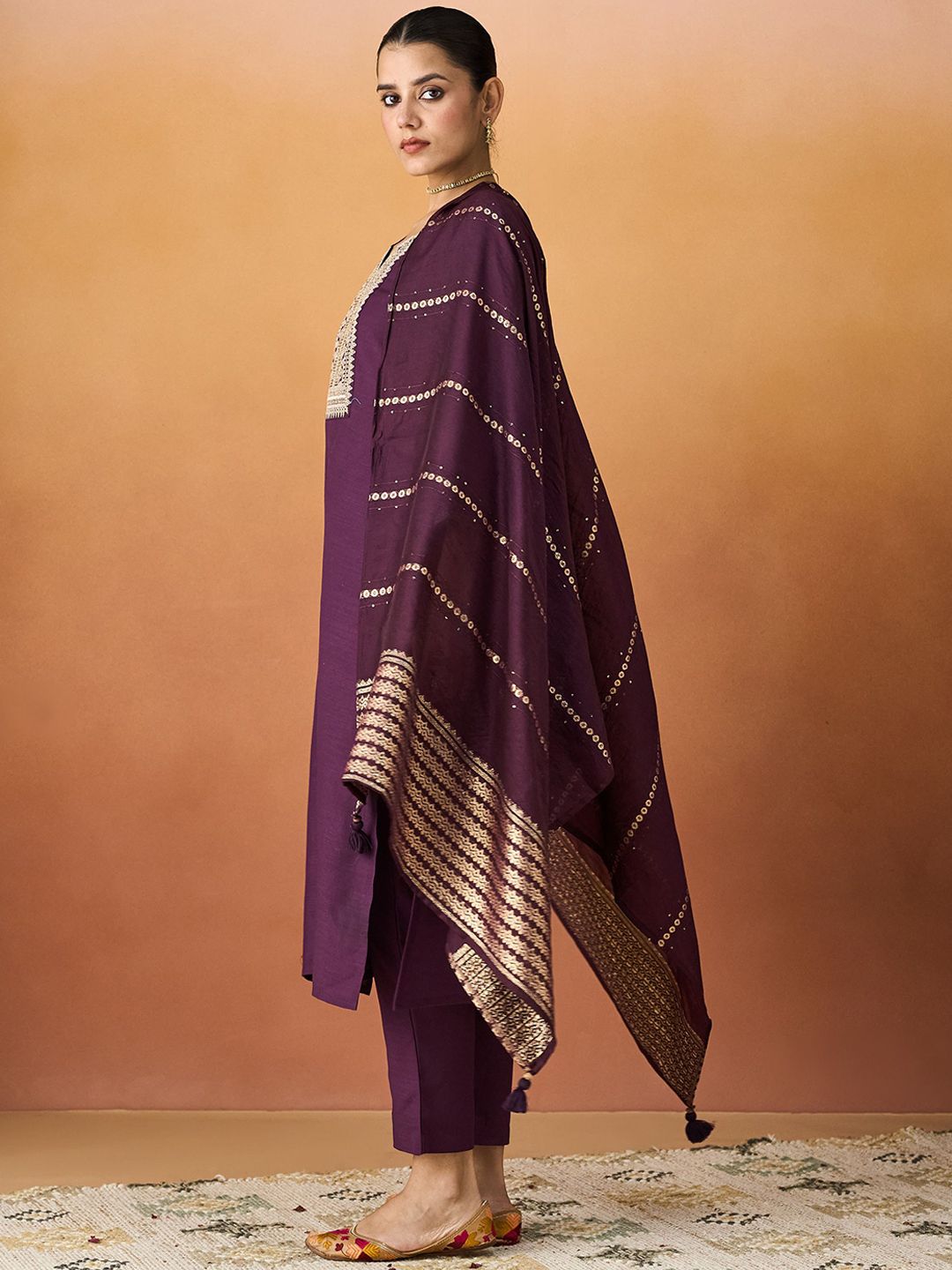 KALINI Ethnic Motifs Embroidered Straight Kurta With Trousers & Dupatta
