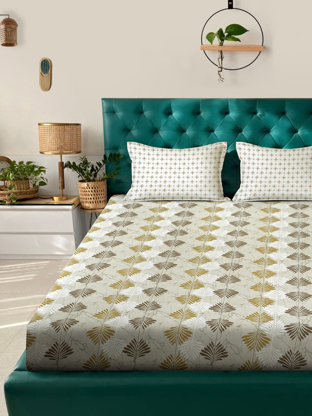 Myntra Elegant Homes OliveGreen Floral Fitted 400TC Cotton Set Cadar King 2.50 x 2.25 m