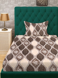 KLOTTHE Brown Floral Printed Fitted 300 TC Woolen Single Bedsheet With 1 Pillow Cover