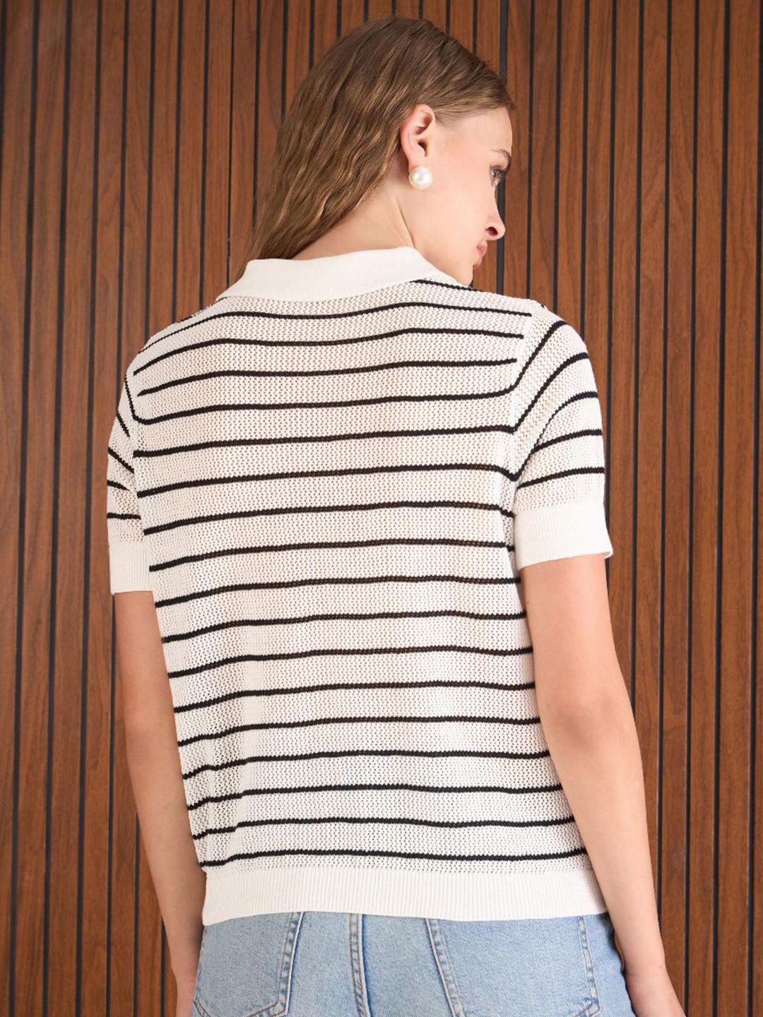 SASSAFRAS Stripess Polo Collar Crochet T-Shirt