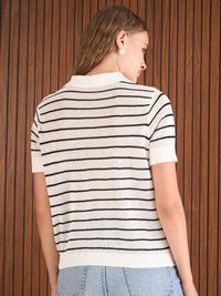 SASSAFRAS Stripess Polo Collar Crochet T-Shirt