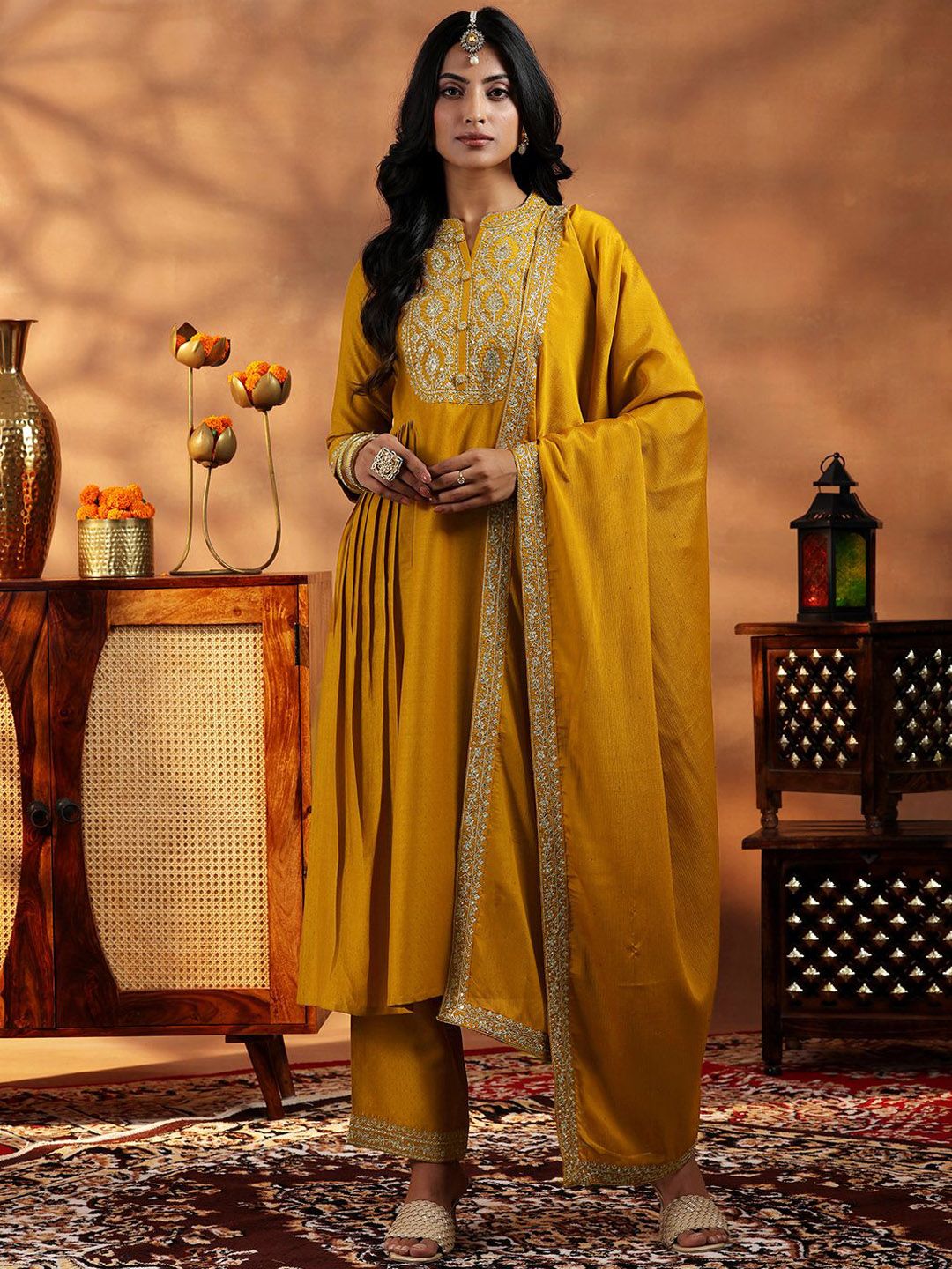 Libas Floral Embroidered Zari Yoke Design Panelled A Line Kurta with Palazzos & Dupatta