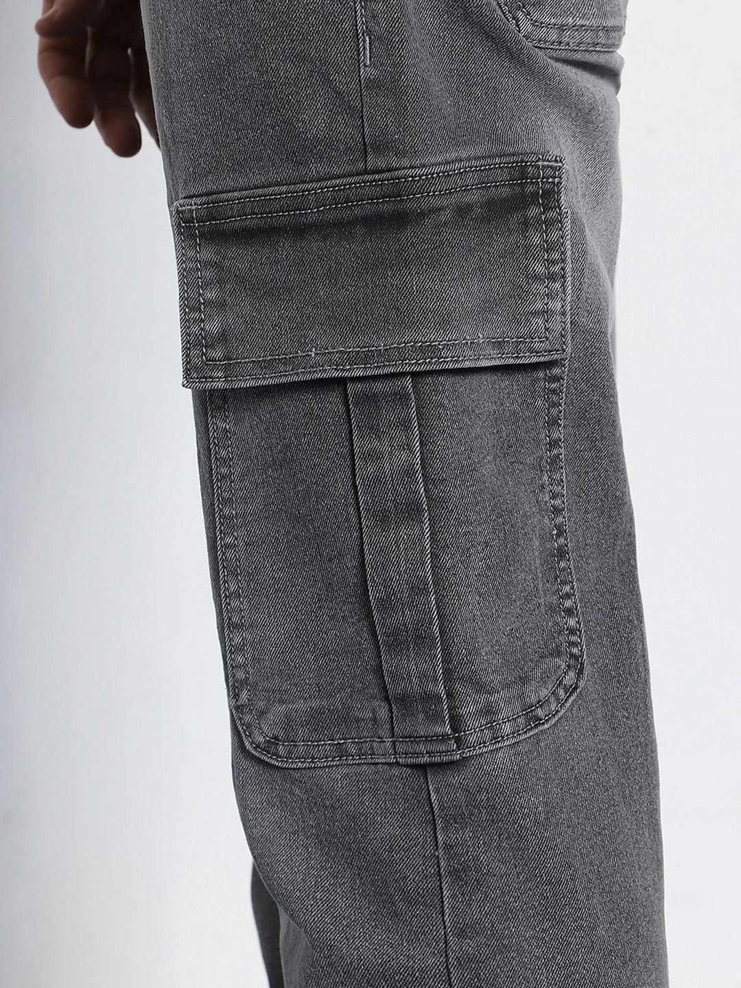 Urbano Fashion Men's Light Grey Regular Fit Washed Cargo Jeans With 6 Pockets Stretchable