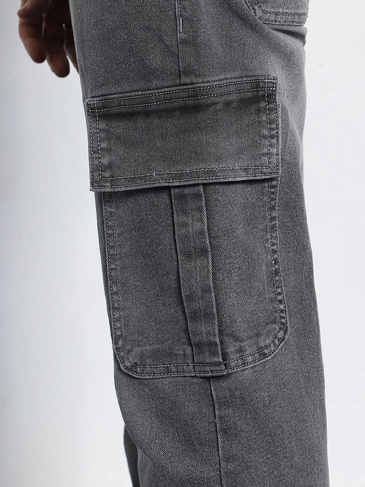 Urbano Fashion Men's Light Grey Regular Fit Washed Cargo Jeans With 6 Pockets Stretchable