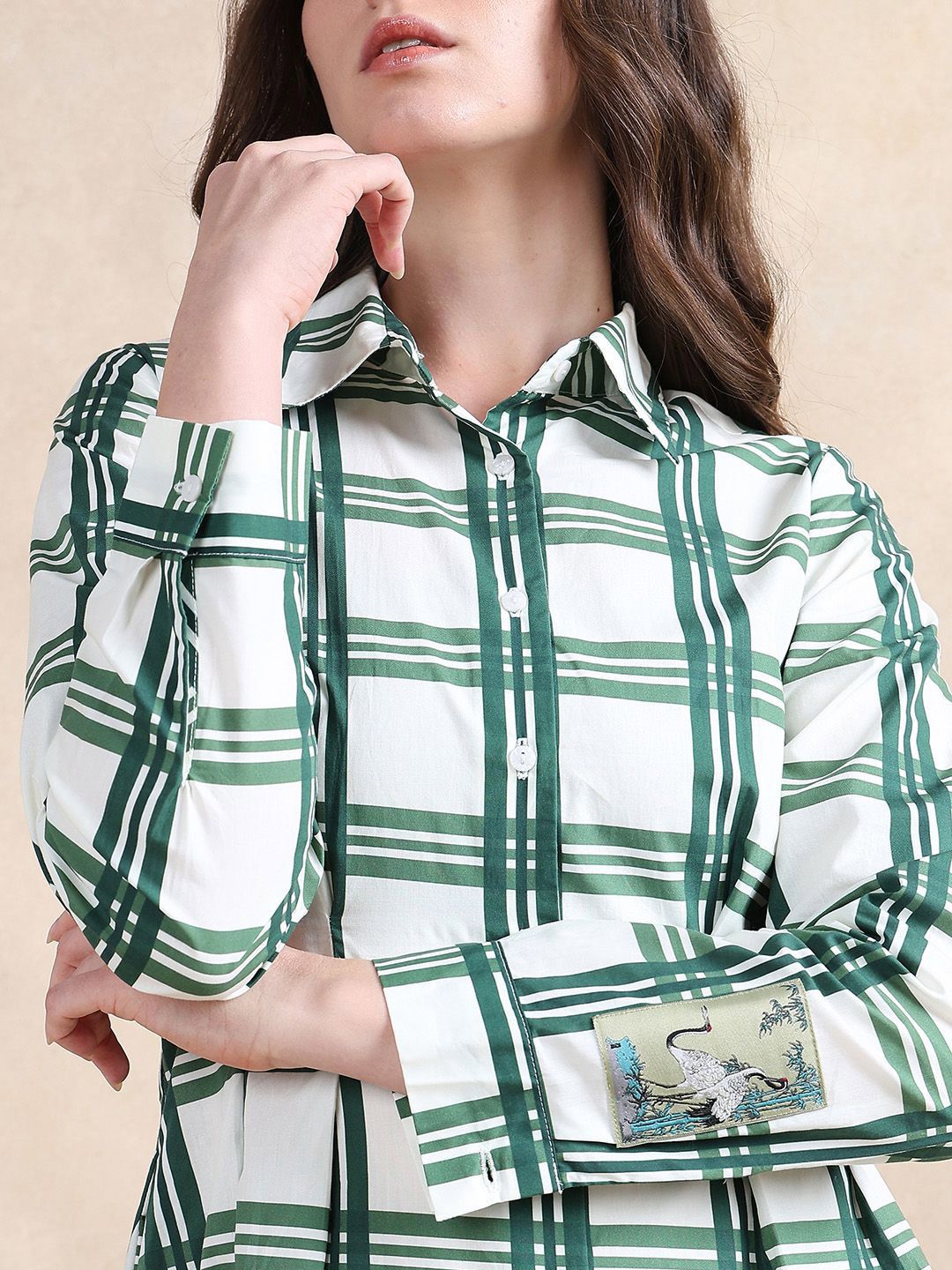 RAREISM Checked Printed Cotton Shirt Collar A-Line Dress