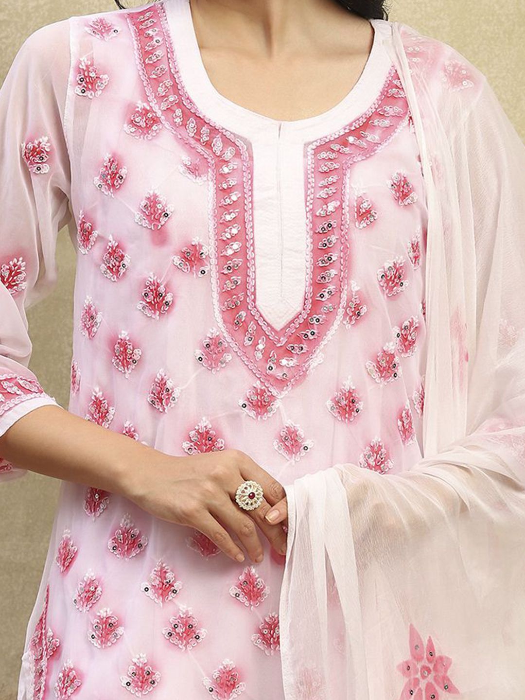House of Chikankari Women White & Pink Georgette Chikankari Sulam Set Kurta