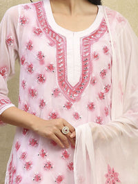 House of Chikankari Women White & Pink Georgette Chikankari Sulam Set Kurta