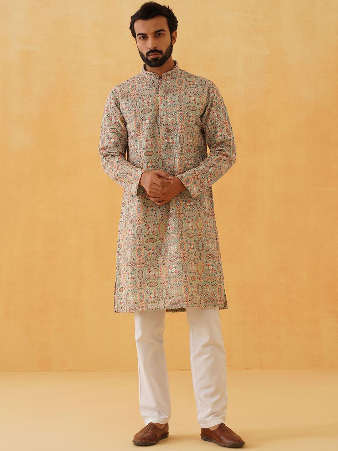 SOJANYA LUXE Lelaki Sulam Benang Kerja Georgette Kurta