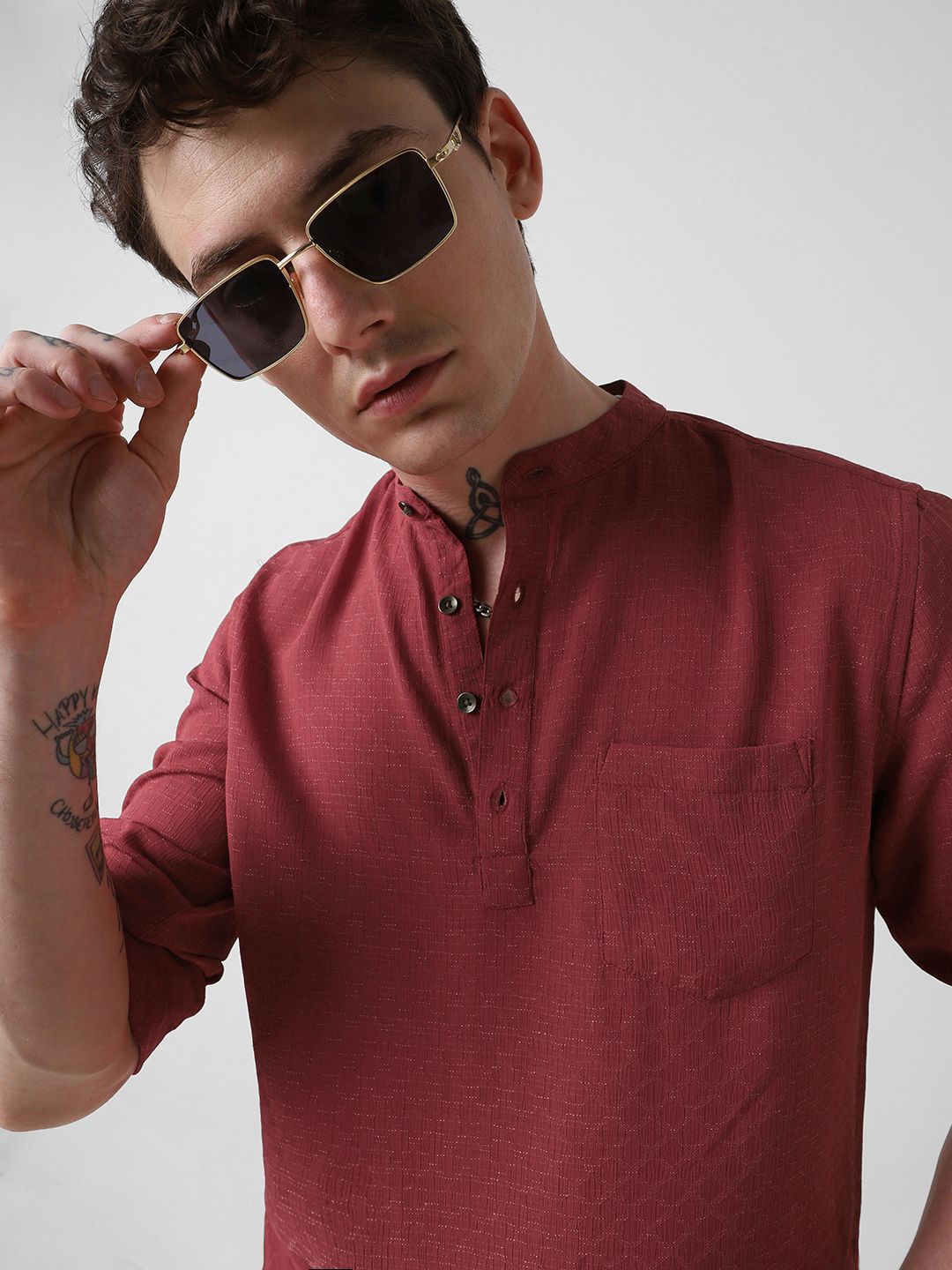 VASTRADO Woven Design Mandarin Collar Straight Short Kurta