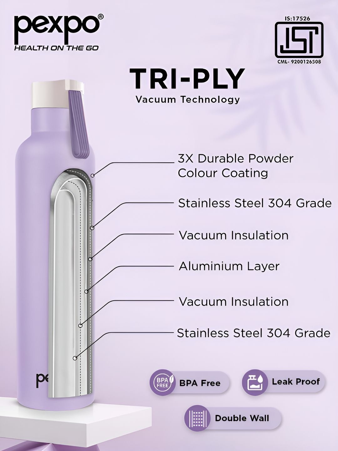 Pexpo Oslo Orchid Purple ISI Certified Thermosteel Hot and Cold Flask Water Bottle 1000ml
