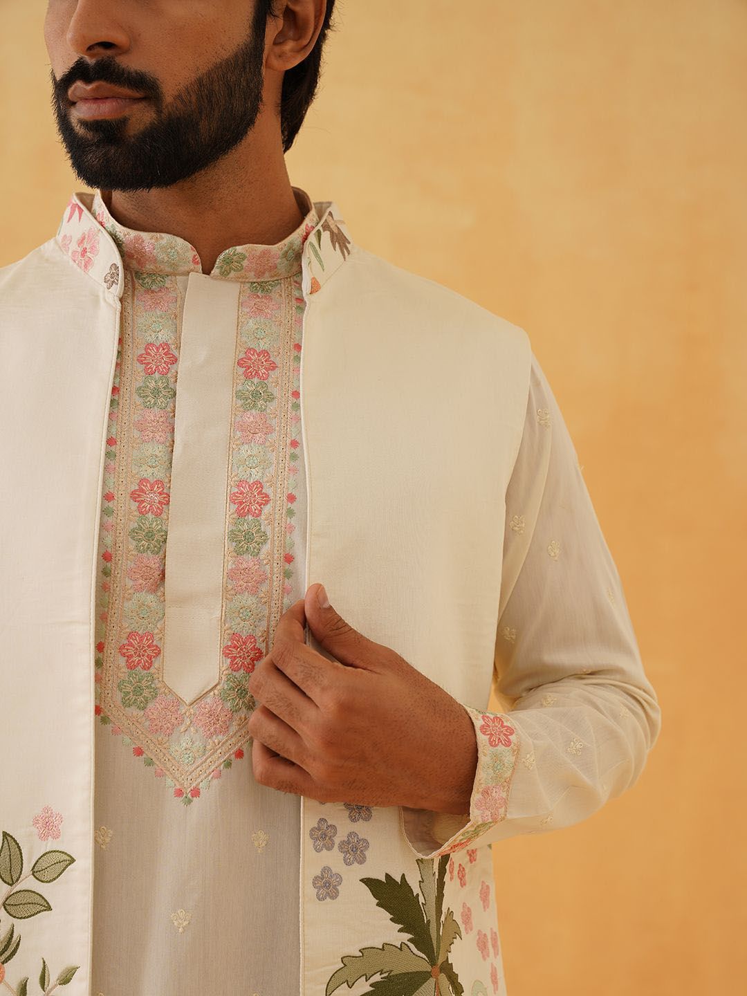 SOJANYA LUXE Floral Embroidered Thread Work Cotton Silk Kurta With Trousers & Nehru jacket