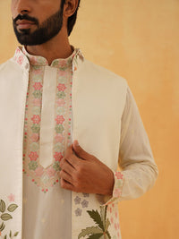 SOJANYA LUXE Floral Embroidered Thread Work Cotton Silk Kurta With Trousers & Nehru jacket