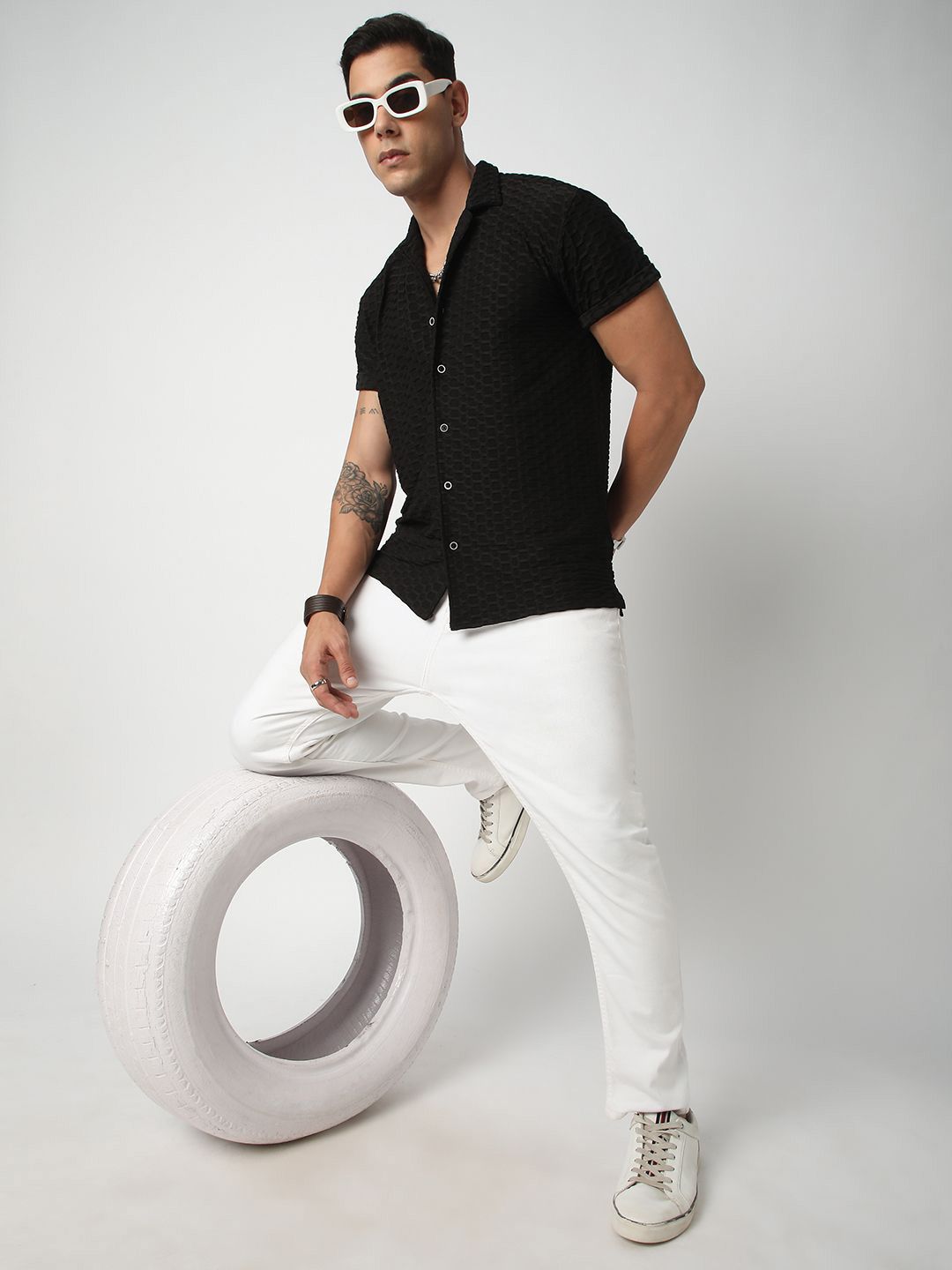 VASTRADO Men Classic Cuban Collar Textured Casual Shirt