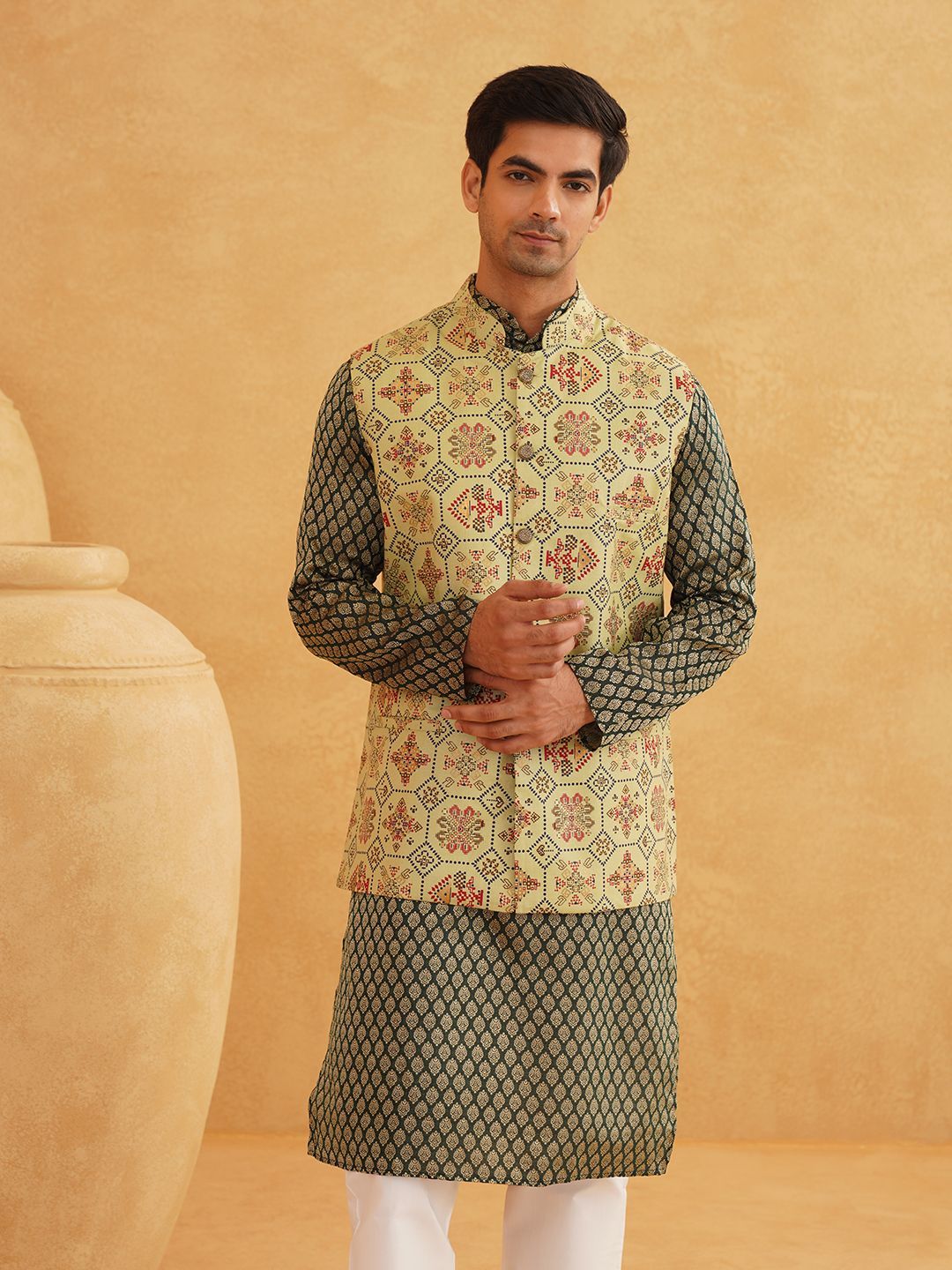 SOJANYA Ethnic Motifs Printed Mandarin Collar Kurta With Churidar And Nehru Jacket