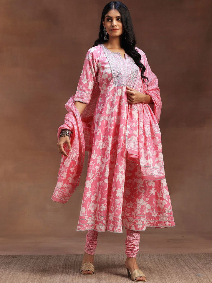 Libas Floral Printed Panelled Thread Work Pure Cotton Anarkali Kurta & Churidar & Dupatta