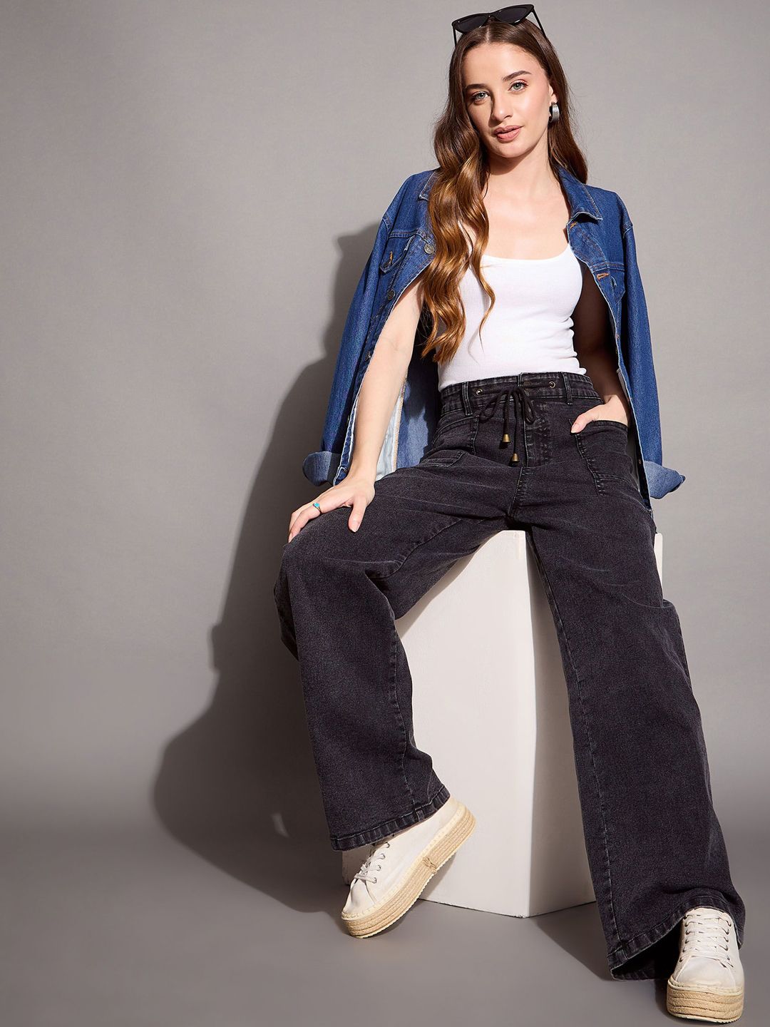 SASSAFRAS BASICS Women Comfort Wide Leg High-Rise Stretchable Jeans