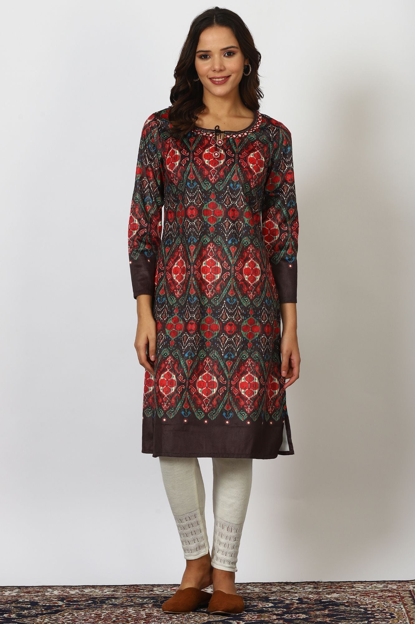 W Ethnic Motifs Printed Mirror Work Keyhole Neck A-Line Kurta