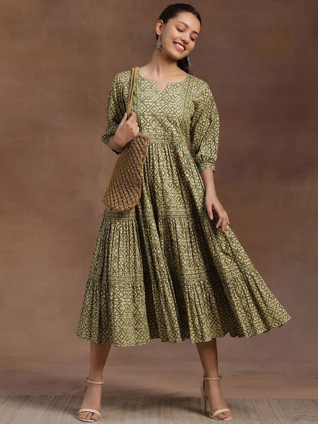Libas Women Ethnic Motifs Print Puff Sleeve Layered A-Line Midi Dress