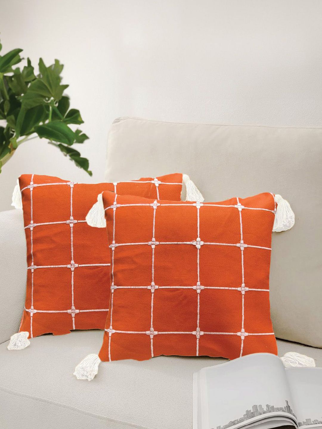 URBAN SPACE Orange & White 2 Pieces Embroidered Square Cushion Covers