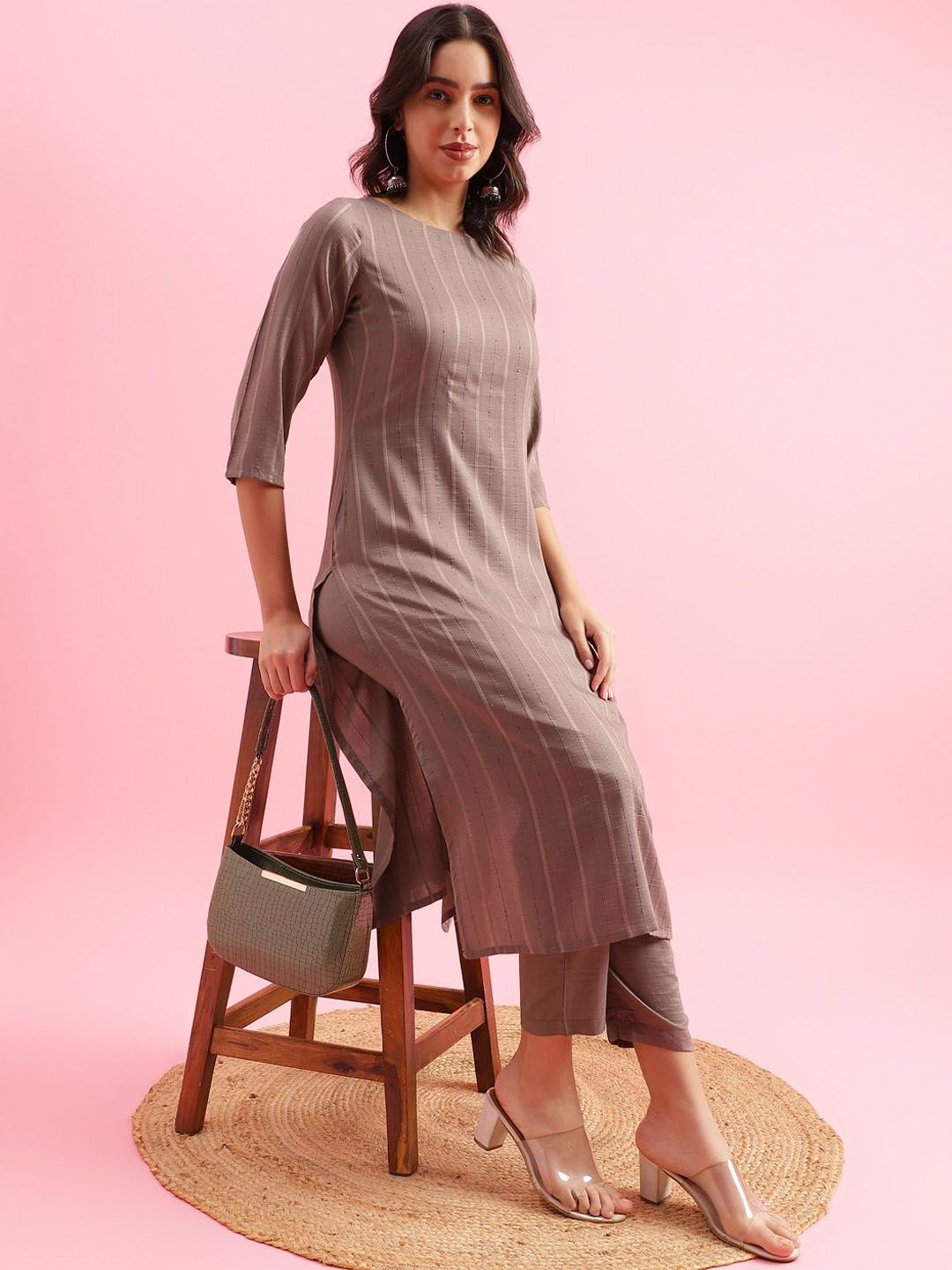 KALINI Striped Woven Design Kurta with Trousers