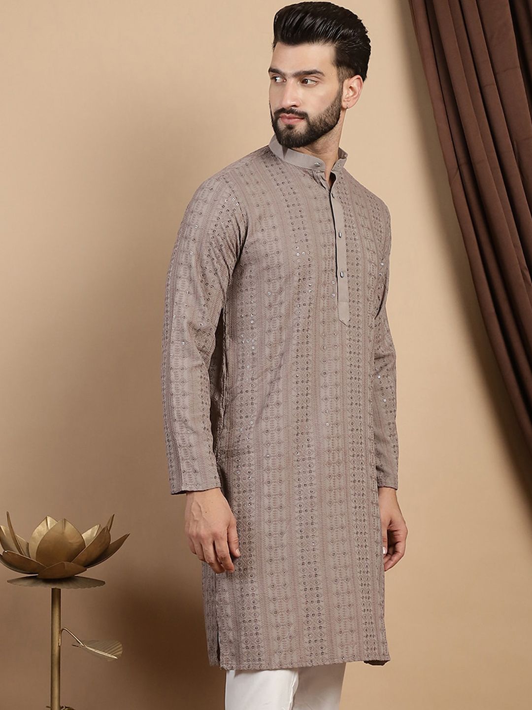 Anouk Floral Embroidered Thread Work Sequinned  Mandarin Collar Pure Cotton Straight Kurta