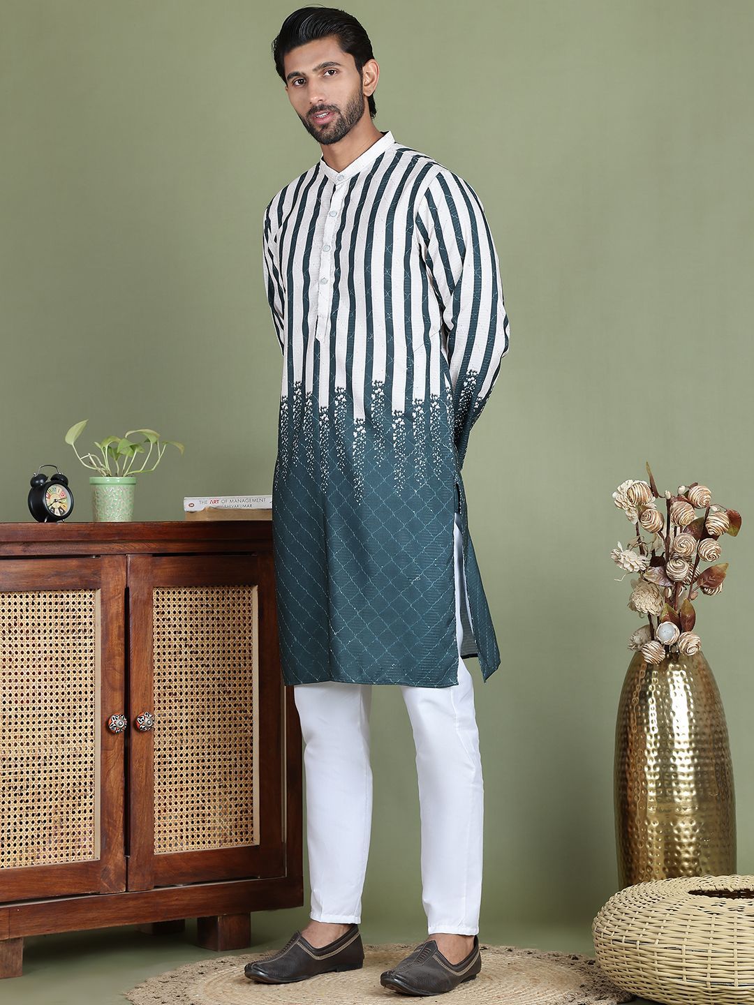Jompers Striped Printed Band Collar Straight Kurta With Trouser