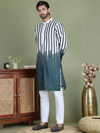 Jompers Striped Printed Band Collar Straight Kurta With Trouser
